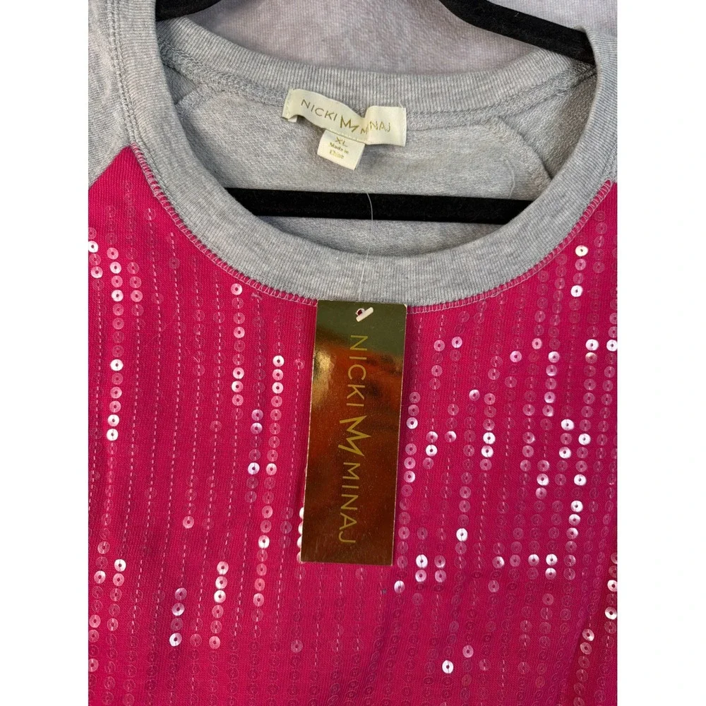 NWT Nicki Minaj Gray Pink‎ Sequin Raglan Sleeve Drawstring Sweatshirt Size XL